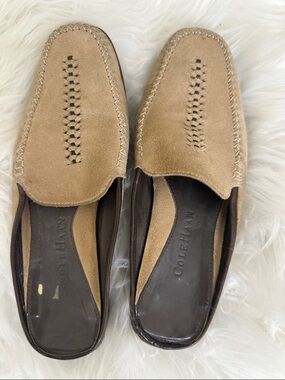 Cole Haan women Tan Suede Slip-On Mules with Woven Vamp